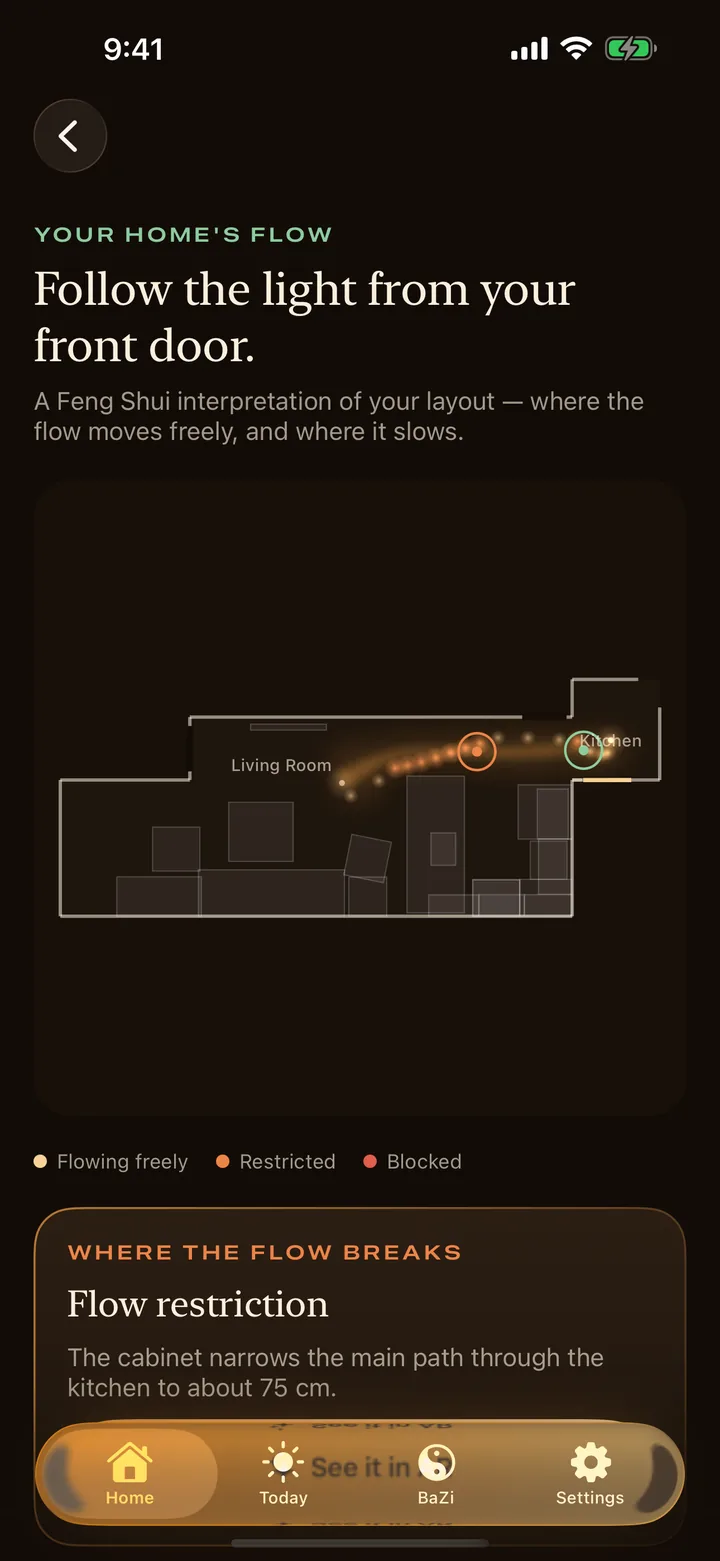 Feng Shui AR floor plan marking where the flow is restricted