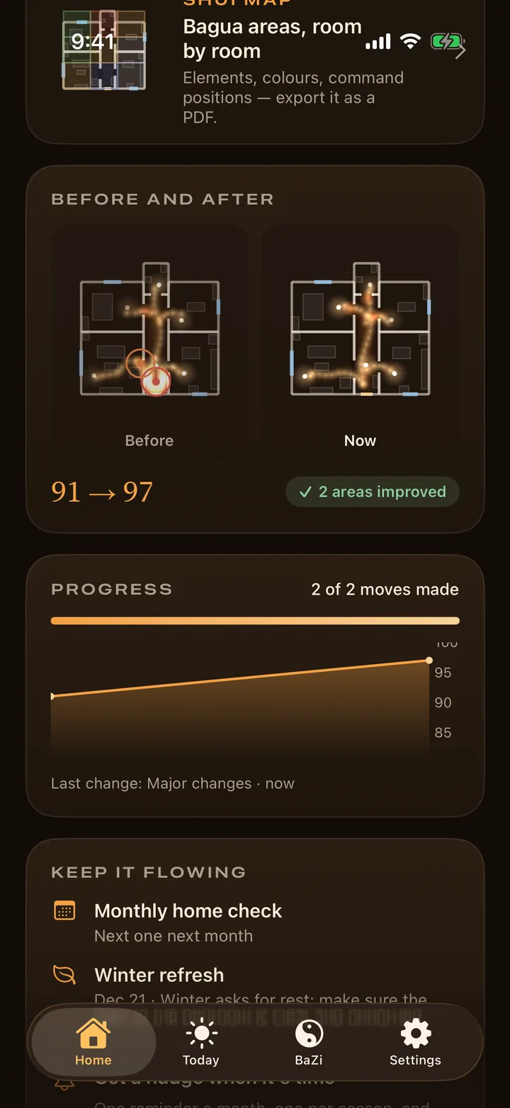 Feng Shui AR before-and-after plans with the score change after two moves