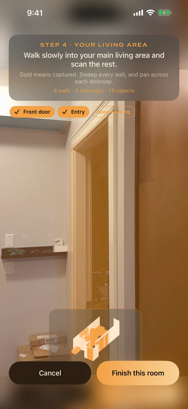Feng Shui AR during a room scan, with the step card and a miniature model of the room